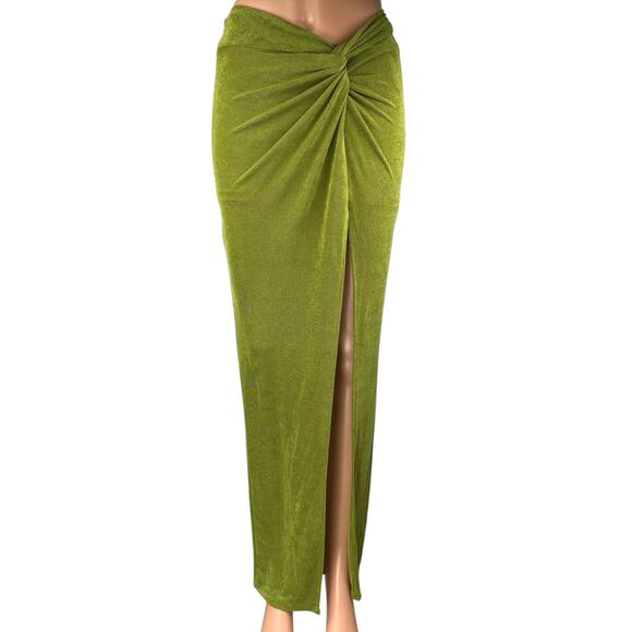 SHEIN Olive Green Ruched Twisted Knot Slit Maxi Straight Pencil Skirt Size S - Picture 1 of 4